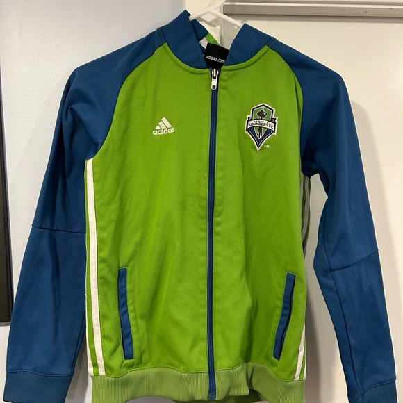 Seattle Sounders Soccer Adidas Kids Green and Blue Team Hoodie - Picture 1 of 5